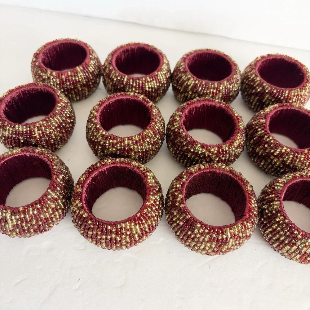 Sparkling Burgundy Red Gold Seed Beaded Napkin Rings Set of 12 Holiday Christmas